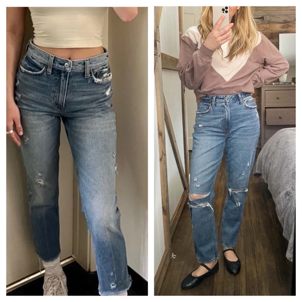 Abercrombie & Fitch Distressed High Rise Fray Hem Straight Leg Mom Jeans Size 2